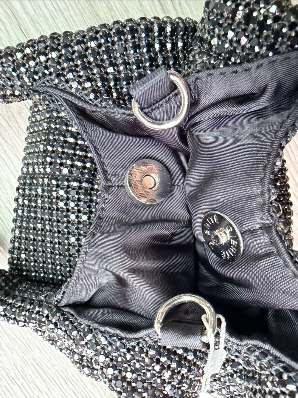 NEW w TAGs GIARITÉ Brilly Black Crystal Bucket Bag w Silver Tone Crossbody Strap